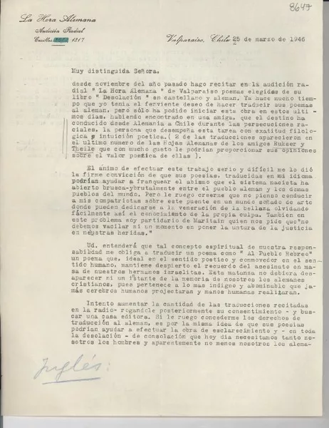 [Carta] 1946 mar. 25, Valparaíso, Chile [a] [Gabriela Mistral]  [manuscrito] Walter Grohmann.