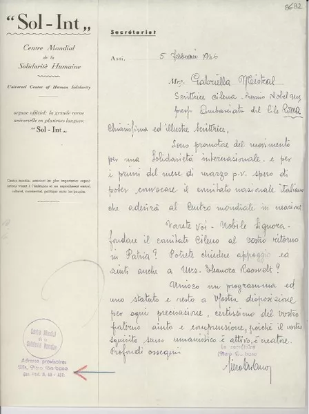 [Carta] 1946 febbr. 5, Asti, [Italia] [a] Gabriela Mistral, Roma  [manuscrito] Piero Barbano.