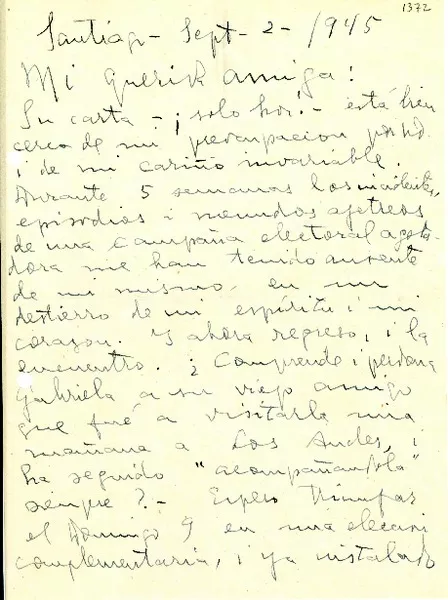 [Carta] 1945 sept. 2, Santiago, [Chile] [a] [Gabriela Mistral]  [manuscrito] De un amigo.