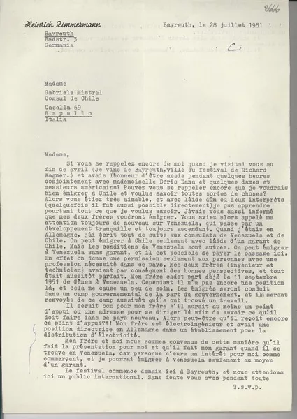 [Carta] 1951 juil. 28, Bayreuth, Germania [a] Gabriela Mistral, Rapallo, Italia  [manuscrito] Heinrich Zimmermann.