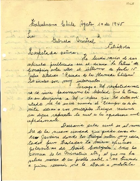[Carta] 1945 ago. 1, Talcahuano, Chile [a] Gabriela Mistral, Petrópolis  [manuscrito] Juan Caprile M.
