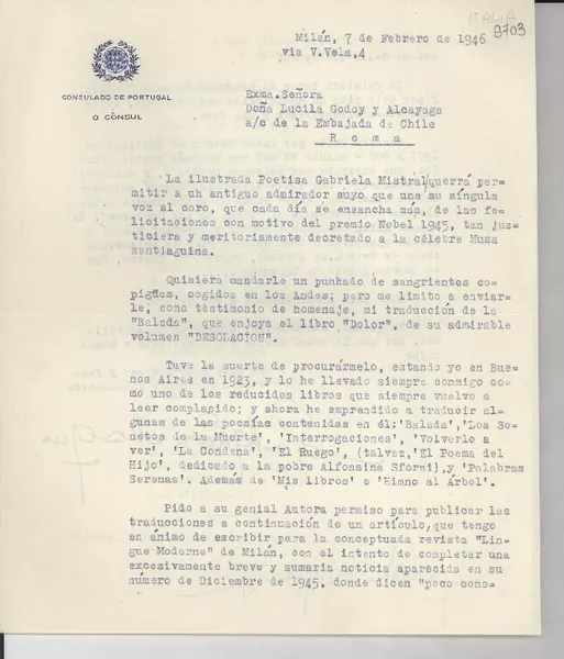 [Carta] 1946 feb. 7, Milán [a] Lucila Godoy Alcayaga  [manuscrito]