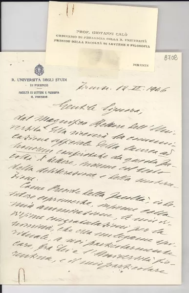 [Carta] 1946 febbr. 12, Firenze, [Italia] [a] Gabriela Mistral  [manuscrito] Prof. Giovanni Calò.