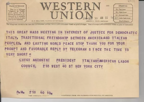 [Telegrama] 1946 May 30, New York, [EE.UU.] [a] [Gabriela Mistral]  [manuscrito] Luigi Antonini.
