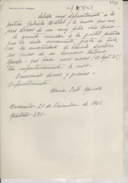 [Carta] 1946 dic. 28, Maracaibo, [Venezuela] [a] Gabriela Mistral  [manuscrito] Maria Calò Apreda.