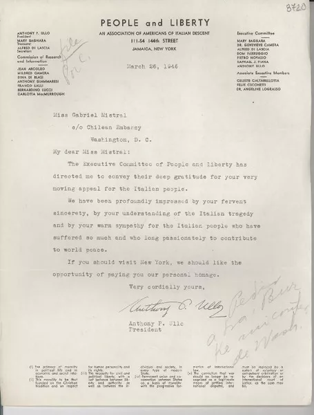 [Carta] 1946 mar. 26, New York [a] Gabriela Mistral, Washington D. C.  [manuscrito] Anthony P. Ullo.