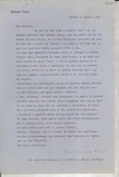 [Carta] 1948 magg. 13, Padova, Italia [a] Gabriela Mistral  [manuscrito] Giannina Facco.