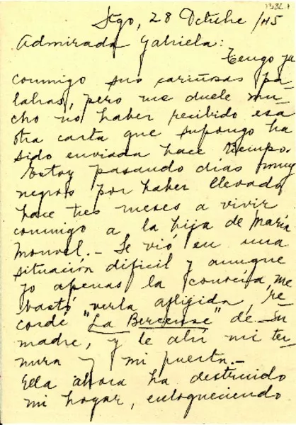 [Carta] 1945 oct. 28, Santiago, [Chile] [a] Gabriela [Mistral]  [manuscrito] Stella Corvalán.