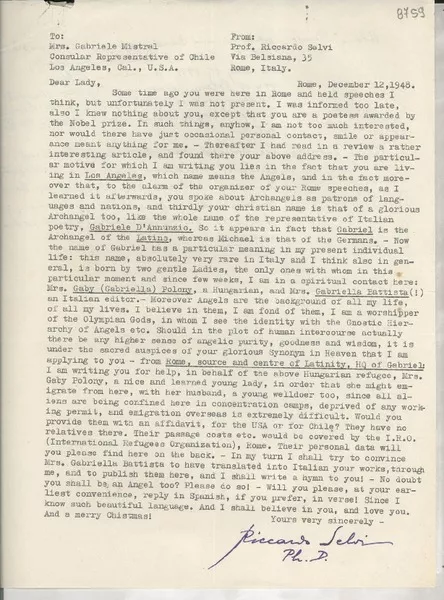 [Carta] 1948 Dec. 12, Roma, [Italia] [a] Gabriela Mistral, Los Ángeles, California, U.S.A.  [manuscrito] Prof. Riccardo Selvi.