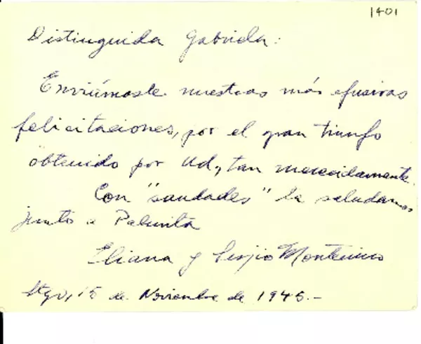 [Tarjeta] 1945 nov. 15, Santiago [a] Gabriela Mistral  [manuscrito] Sergio y Eliana Montecino.