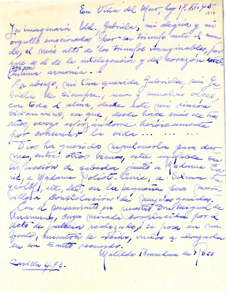[Carta] 1945 nov. 17, Viña del Mar, [Chile] [a] Gabriela [Mistral]  [manuscrito] Matilde Brandau de Ross.