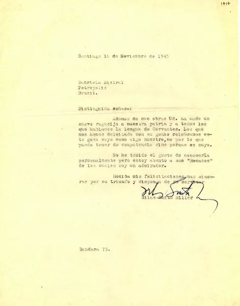 [Carta] 1945 nov. 16, Santiago, [Chile] [a] Gabriela Mistral, Petrópolis  [manuscrito] Silas Smith Miller.