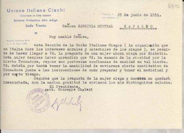 [Carta] 1951 jun. 25, Trento, [Italia] [a] Gabriela Mistral, Rapallo, [Italia]  [manuscrito] Giuseppe Chelodi.