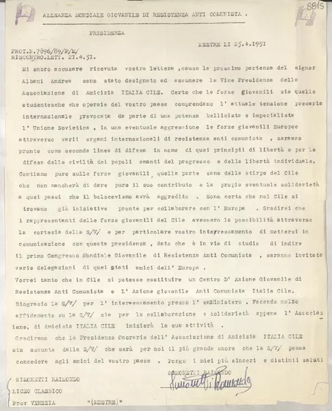 [Carta] 1951 apr. 25, Venezia, [Italia] [a] Gabriela Mistral  [manuscrito] Raimondo Simonetti.