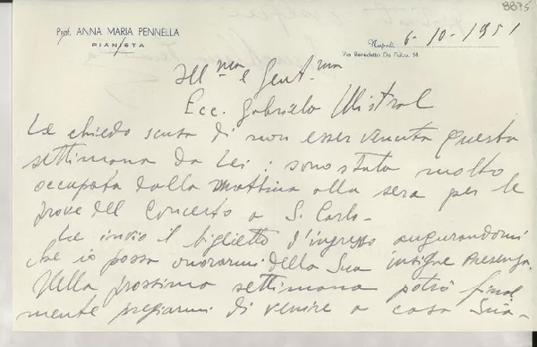 [Carta] 1951 oct. 6, Nápoles, [Italia] [a] Gabriela Mistral, Napoli, [Italia]  [manuscrito] Anna Maria Pennella.
