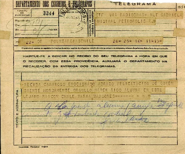 [Telegrama] 1945 nov. 17, Punta Arenas, [Chile] [a] Gabriela Mistral, Petrópolis  [manuscrito] María Mardones.