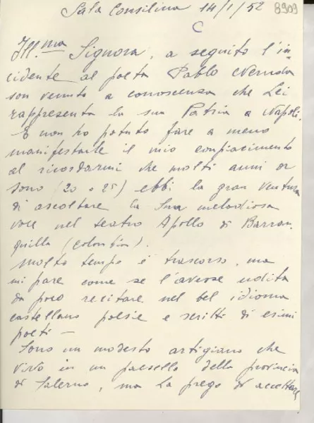 [Carta] 1952 genn. 14, [Italia] [a] Gabriela Mistral  [manuscrito] Guido de Biase.