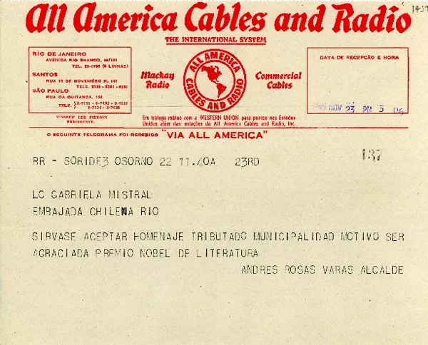 [Telegrama] 1945 nov. 23, Osorno, [Chile] [a] Gabriela Mistral, Río de Janeiro  [manuscrito] Andrés Rosas Varas.
