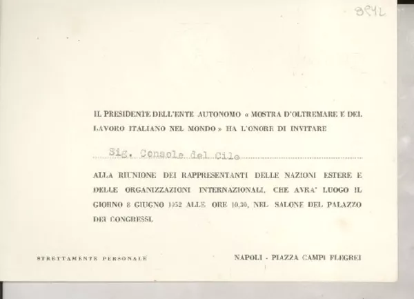 [Tarjeta] 1952 giugno 8, Napoli, [Italia] [al] Sig. Console del Cile  [manuscrito] Il Presidente dell'ente autonomo "Mostra D’Oltremare e del Lavoro Italiano nel Mondo".