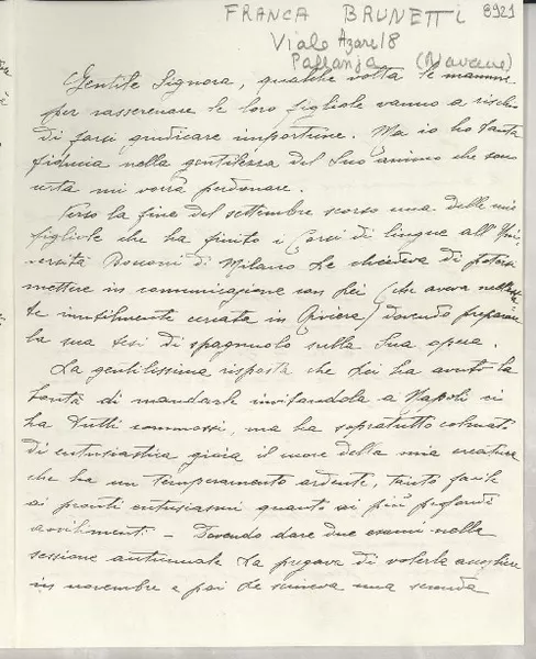 [Carta] 1952 apr. 4, Pallanza, [Italia] [a] Gabriela Mistral  [manuscrito] Franca Brunetti.