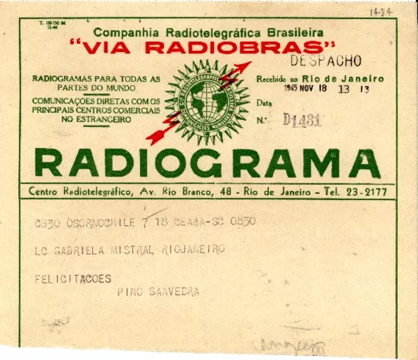 [Telegrama] 1945 nov. 18, Osorno [a] Gabriela Mistral, Río de Janeiro  [manuscrito] Pino Saavedra.