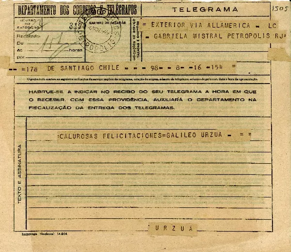 [Telegrama] 1945 nov. 17, Santiago, Chile [a] Gabriela Mistral, Petrópolis, [Brasil]  [manuscrito] Galileo Urzúa.