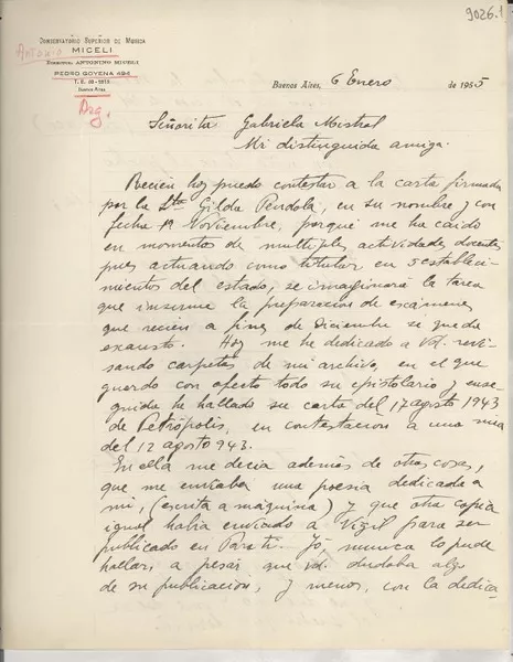 [Carta] 1955 ene. 6, Buenos Aires, [Argentina] [a] Gabriela Mistral  [manuscrito] Antonino Miceli.