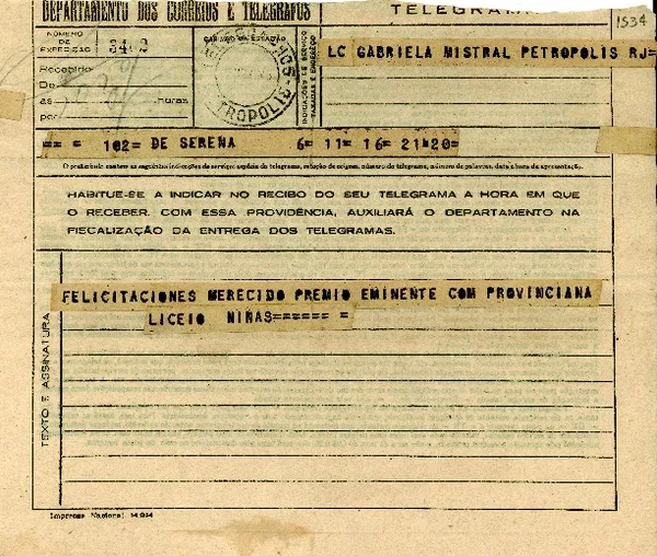 [Telegrama] 1945 nov. 17, La Serena [a] Gabriela Mistral, Petrópolis  [manuscrito] Liceo de Niñas.