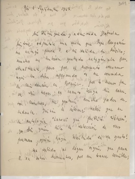 [Carta] 1943 sept. 11, Río [de Janeiro, Brasil] [a] Gabriela Mistral  [manuscrito] Juan Gil-Albert.