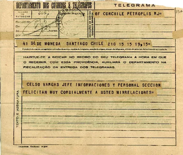 [Telegrama] 1945 nov. 16, Santiago [a] Gabriela Mistral, Petrópolis  [manuscrito] Celso Vargas.