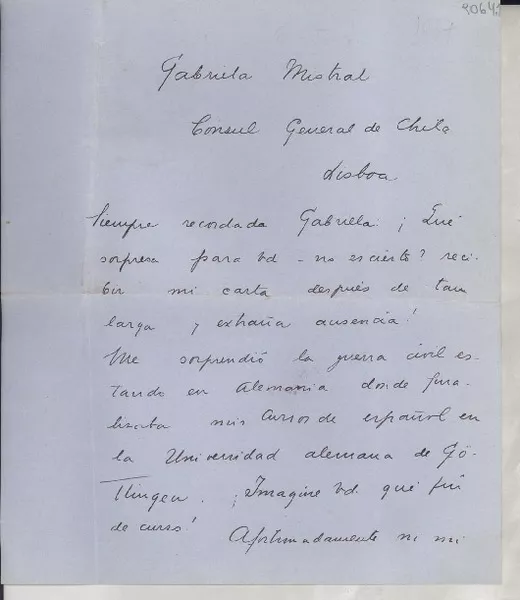 [Carta] [1934?], [España?] [a] Gabriela Mistral, Lisboa, [Portugal]  [manuscrito] Jesús Nieto Pena.