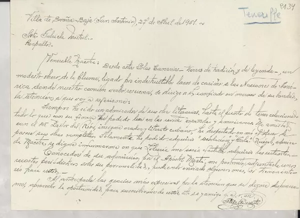 [Carta] 1951 abr. 27, San Antonio, Tenerife, [España] [a] Gabriela Mistral, Rapallo, [Italia]  [manuscrito] Félix Duarte.