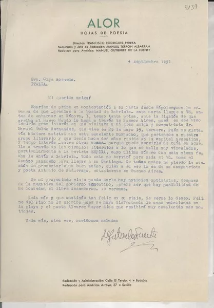 [Carta] 1951 sept. 4, [Sevilla], [España] [a] Olga Acevedo, [Italia]  [manuscrito] Manuel Gutiérrez de la Fuente.
