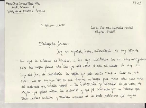 [Carta] 1952 feb. 4, Jerez de la Frontera, España [a] Gabriela Mistral, Nápoles, Italia  [manuscrito] Francisco Solano Pérez-Lila.