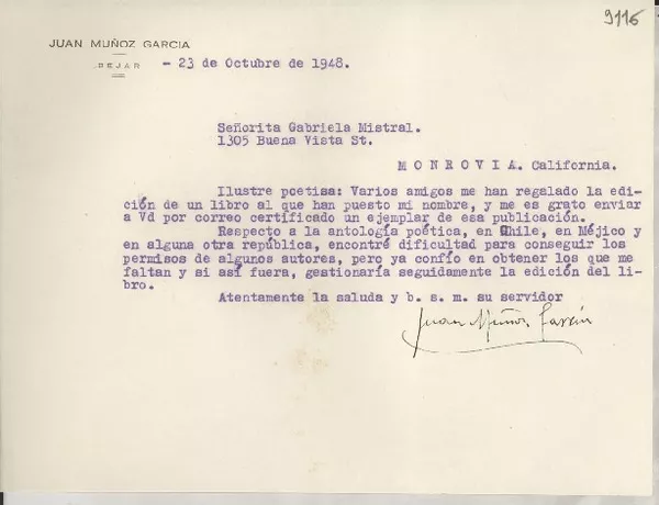[Carta] 1948 oct. 23, Béjar, [España] [a] Gabriela Mistral, Monrovia, California  [manuscrito] Juan Muñoz García.