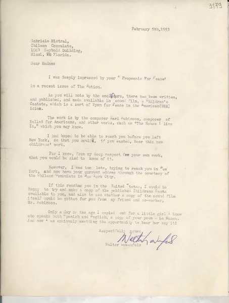 [Carta] 1953 Feb. 5, [Estados Unidos] [a] Gabriela Mistral, Miami, Florida  [manuscrito] Walter Lowenfels.