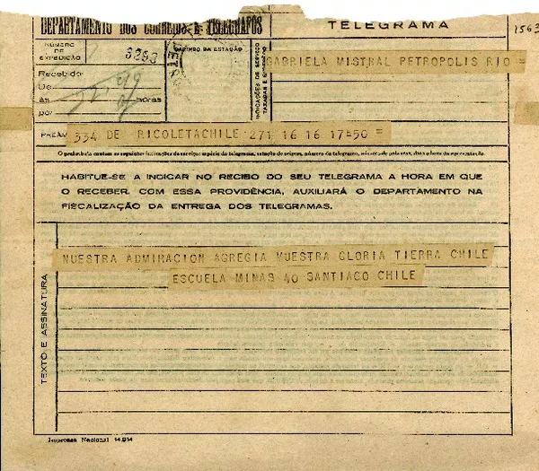 [Telegrama] 1945 nov. 16, Recoleta, Santiago, Chile [a] Gabriela Mistral  [manuscrito] Escuela de Niñas No. 40