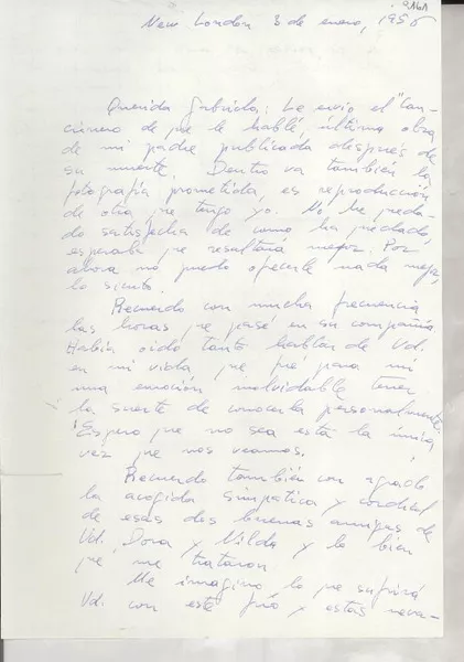 [Carta] 1956 ene. 3, New London [a] Gabriela [Mistral]  [manuscrito] María [de Unamuno].