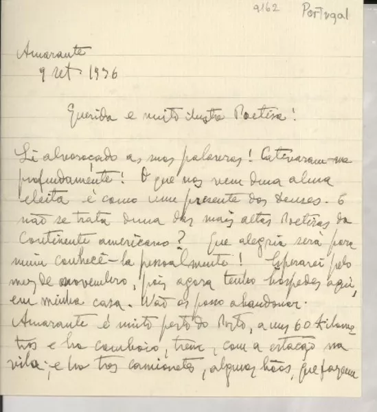 [Carta] 1936 set. 9, Amarante, [Portugal] [a] [Gabriela Mistral]  [manuscrito] Teseira Pacsay.