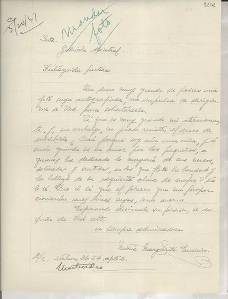 [Carta] 1947, Montevideo, [Uruguay] [a] Gabriela Mistral  [manuscrito] María Margarita Cendeiro.