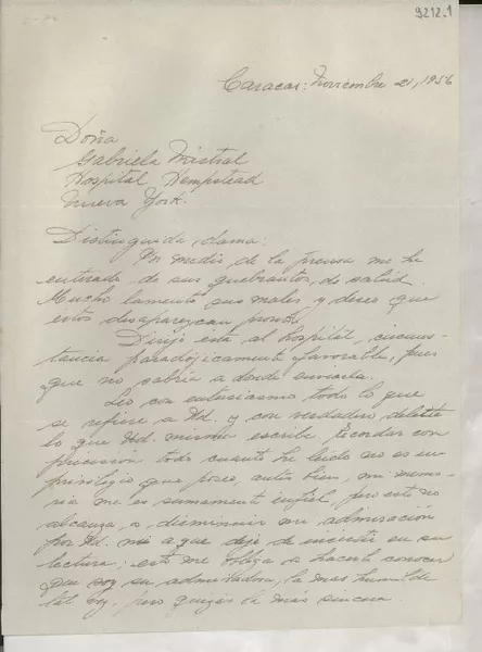 [Carta] 1956 nov. 21, Caracas, [Venezuela] [a] Gabriela Mistral, Nueva York  [manuscrito] Mercedes G. de Ochoa.
