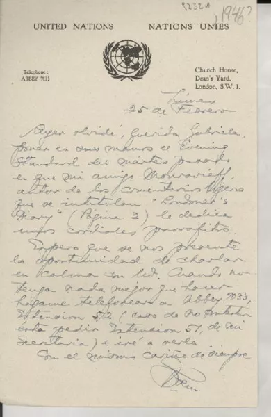 [Carta] [1946?], [Reino Unido?] [a] [Gabriela Mistral]  [manuscrito] De un amigo.