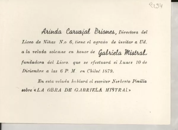 [Tarjeta] [1950?], [Santiago], [Chile] [a] [Gabriela Mistral]  [manuscrito] Arinda Carvajal Briones.