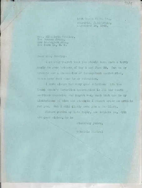 [Carta] 1946 Sept. 16, Monrovia, California, [EE.UU.] [a] Elizabeth Bradley, New York, [EE.UU.]  [manuscrito] Gabriela Mistral.