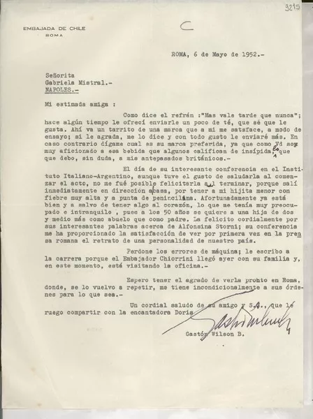 [Carta] 1952 mayo 6, Roma, [Italia] [a] Gabriela Mistral, Nápoles  [manuscrito] Gastón Wilson B.