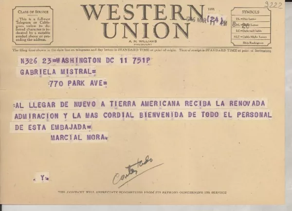 [Telegrama] 1946 mar. 11, Washington D. C., [Estados Unidos] [a] Gabriela Mistral, Nueva York  [manuscrito] Marcial Mora.