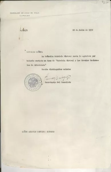 [Carta] 1952 jul. 22, [Nápoles], [Italia] [a] Agustín Martínez Hermoso  [manuscrito] Franco Rodríguez.