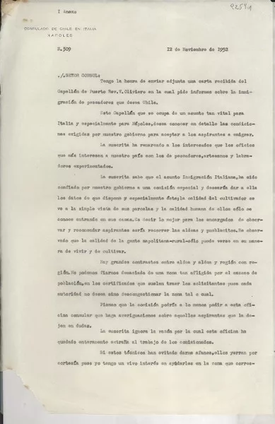 [Carta] 1952 nov. 22, [Nápoles], [Italia] [al] Cónsul de Chile, Roma, [Italia]  [manuscrito] Lucila Godoy.