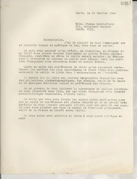 [Carta] 1946 févr. 15, París, [Francia] [a] Gabriela Mistral  [manuscrito] Simone Saint-Clair.