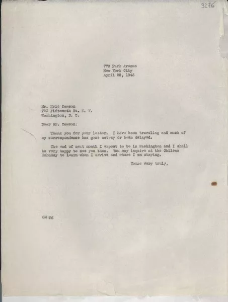 [Carta] 1946 Apr. 28, New York, [Estados Unidos] [a] Eric Dawson, Washington D. C.  [manuscrito] Gabriela Mistral.